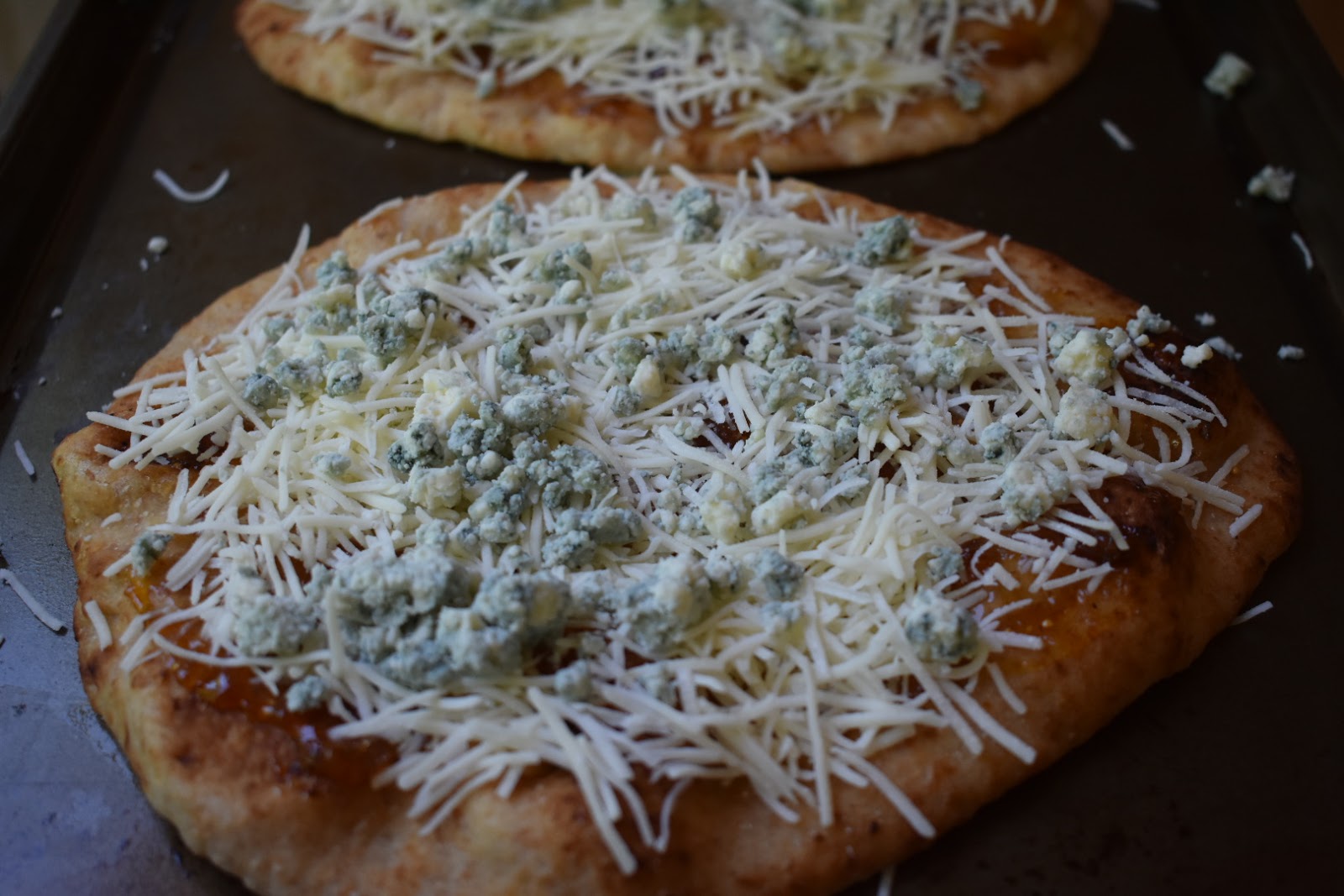 Flatbread Pizza with Blue Cheese, Fig Jam, Peaches and Crispy