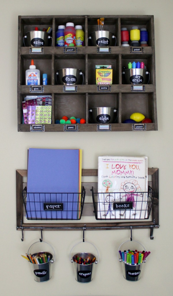 Organized art station for kid's art and craft supplies: Use metal buckets for easy supply storage