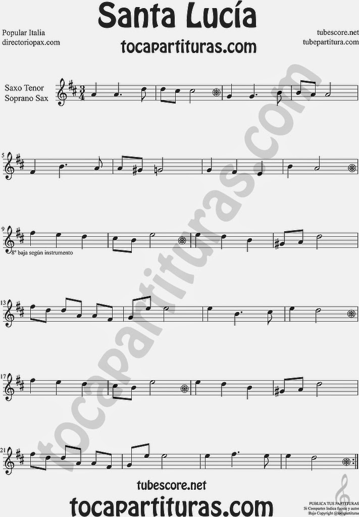 Santa Lucía Partitura de Saxofón Soprano y Saxo Tenor Sheet Music for Soprano Sax and Tenor Saxophone Music Scores