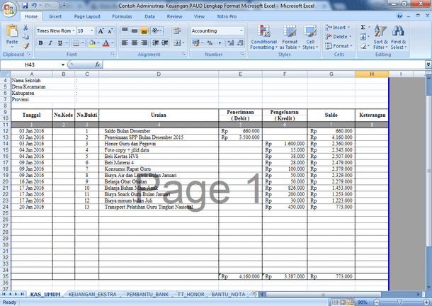 Contoh Administrasi Keuangan PAUD Lengkap Format Microsoft Excel