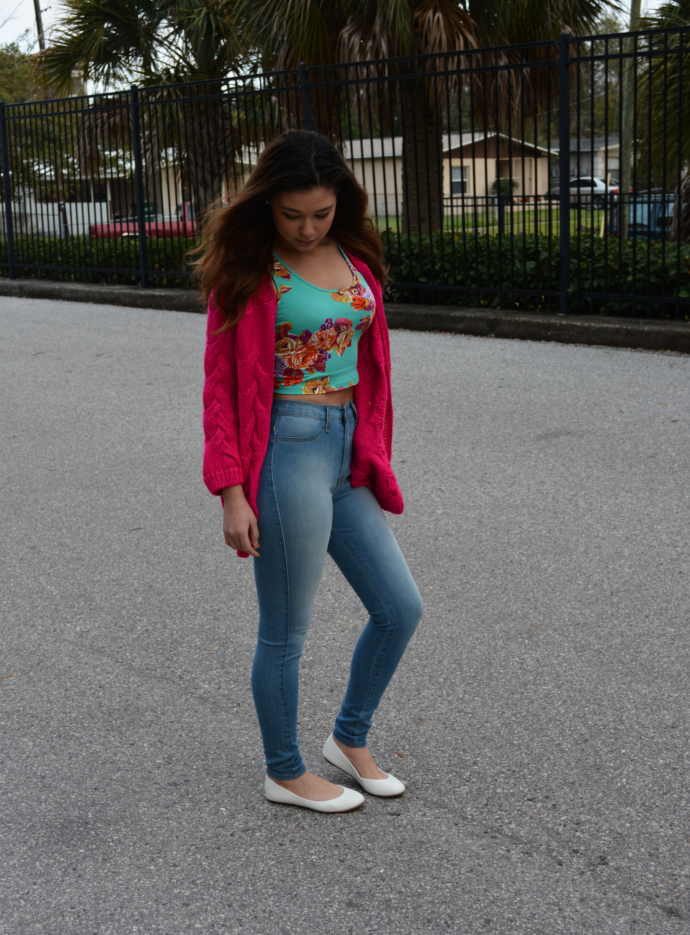 Hot Pink Cable Knit Cardigan, Oasap, Pink Cardigan, Knit, Chic Solid Cable Cardigan, Floral Crop Top, Burlington, Fashionnova, High Waist Jeans, 
Light Blue Classic High Waist Skinny Jeans, Payless
