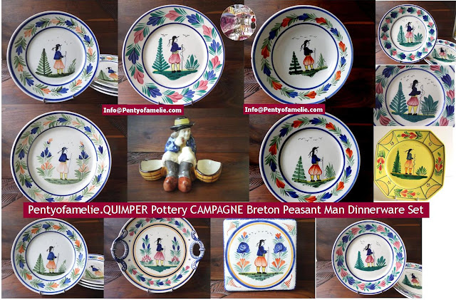 Pentyofamelie Quimper Pottery Campagne Breton Peasant Man Dinnerware Set French vintage Quimper Pottery. Campagne pattern featuring old Breton Peasant Man plates and Dinnerware Set from pentyofamelie.