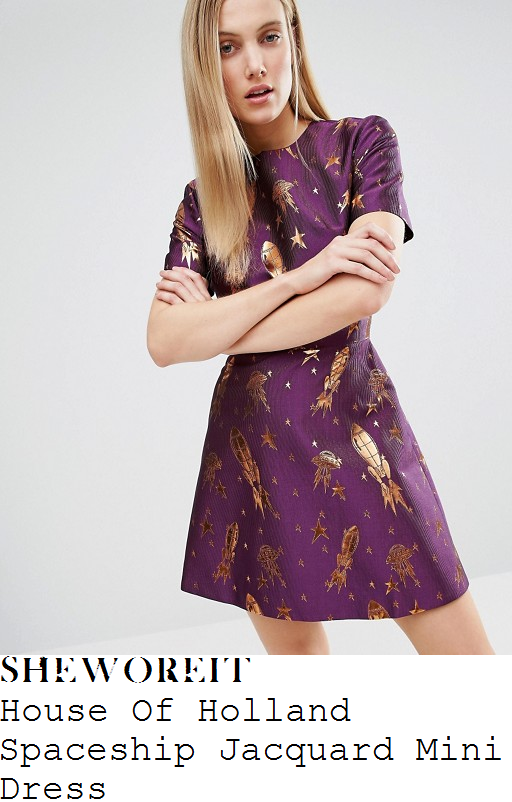 scarlett-moffatt-house-of-holland-cadbury-purple-and-copper-spaceship-rocket-and-star-print-short-sleeve-high-waisted-fit-and-flare-textured-jacquard-mini-dress