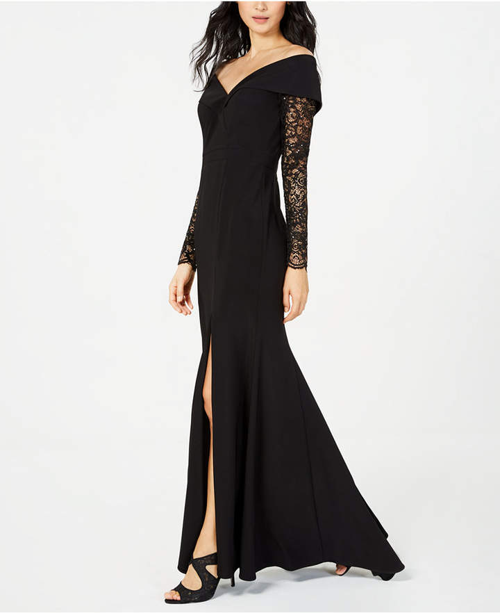 Xscape Petite Off-The-Shoulder Lace-Sleeve Gown