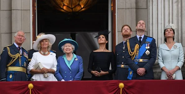 Countess Sophie wore Suzannah Wave Textured Stripe Dress, Meghan Markle wore Dior navy fit and flare dress with bateau neckline. Kate Middleton