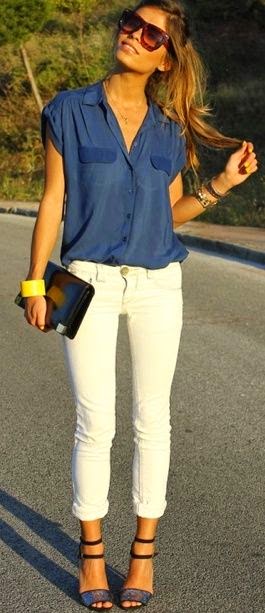 Street style | Blue top, white pants, clutch, heels | Luvtolook ...