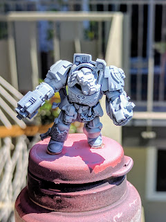 Brother Omnia with -over- highlight Space Marine terminator primed flat black with a heavier white highlight airbrushed.