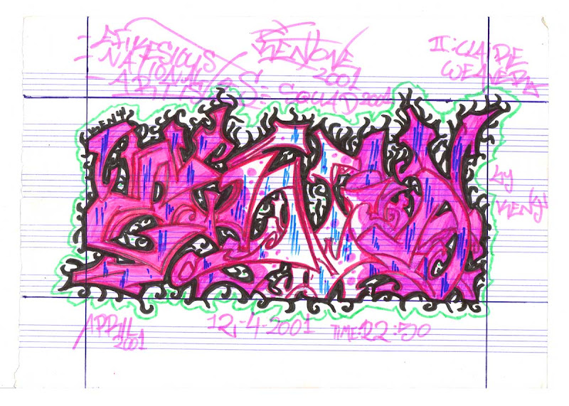 Ena Wild Style Letters colored wih Pink Markers. Original naive, vintage graffiti sketch on copy paper by Kostas Gogas (akney), signed as Kent from his first Folder, 2001. ENA graffiti crew.