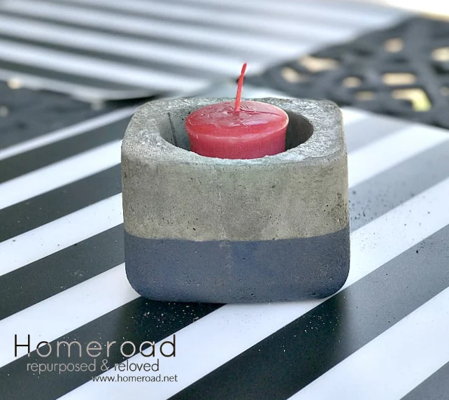 Cement candle holder in red white and blue