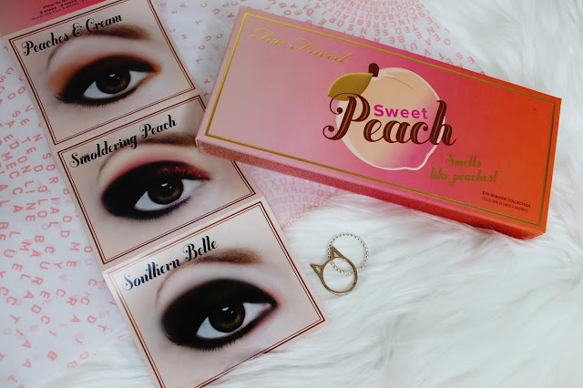 too faced, sweet peach, eyeshadow, review, swatches, flatlay, clean