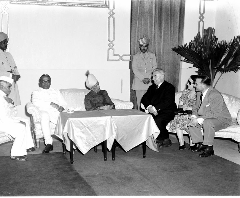 Members of the Turkish Press Delegation photographed with H.E.H. the Nizam of Hyderabad when they called on him at Hyderabad during their visit to the city on March 6, 1952. Left to Right Shri Ramakrishna Rao (First elected Chief Minister of Hyderabad), Shri M.K. Velodi (Adviser to the Government of Hyderabad), H.E.H. the Nizam of Hyderabad, Mr. R.C. Uluney Madame A, Finek and Dr. Esmer | First Elected Chief Minister of Hyderabad State Burgula Ramakrishna Rao Rare Photos | Rare & Old Vintage Photos (1952)