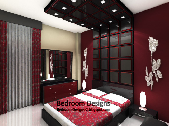 red small bedroom design with mirror tiles