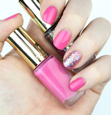 L'Oreal Color Riche Le Vernis 242 Pink O Pop 842 Sequin Explosion nail swatch review L'Oreal Color Riche Le Vernis 242 Pink O Pop 842 Sequin Explosion nail swatch review