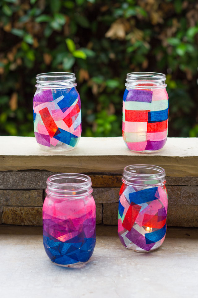 The easiest summer lanterns! Add tissue paper to the outside of mason jars. A fun kids craft too! The easiest summer lanterns! Add tissue paper to the outside of mason jars. A fun kids craft too!