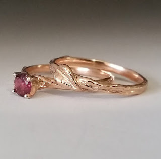 Twig & Leaf Engagement Ring, Morganite Branch Bridal Set, 14k Rose Gold, 14k Rose Gold Bridal Set, Hand Sculpted by Dawn Vertrees