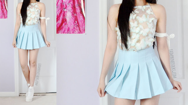 Zaful Fashion Review: Butterfly Halter, Off-Shoulder Crop Top + Floral Souvenir Jacket Details on the butterfly embroidered sequined sheer mesh organza halter crop top from Zaful.
