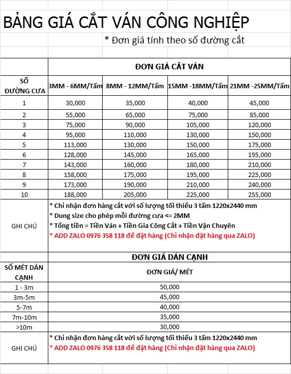 bảng giá dịch vụ cắt ván ép theo yêu cầu