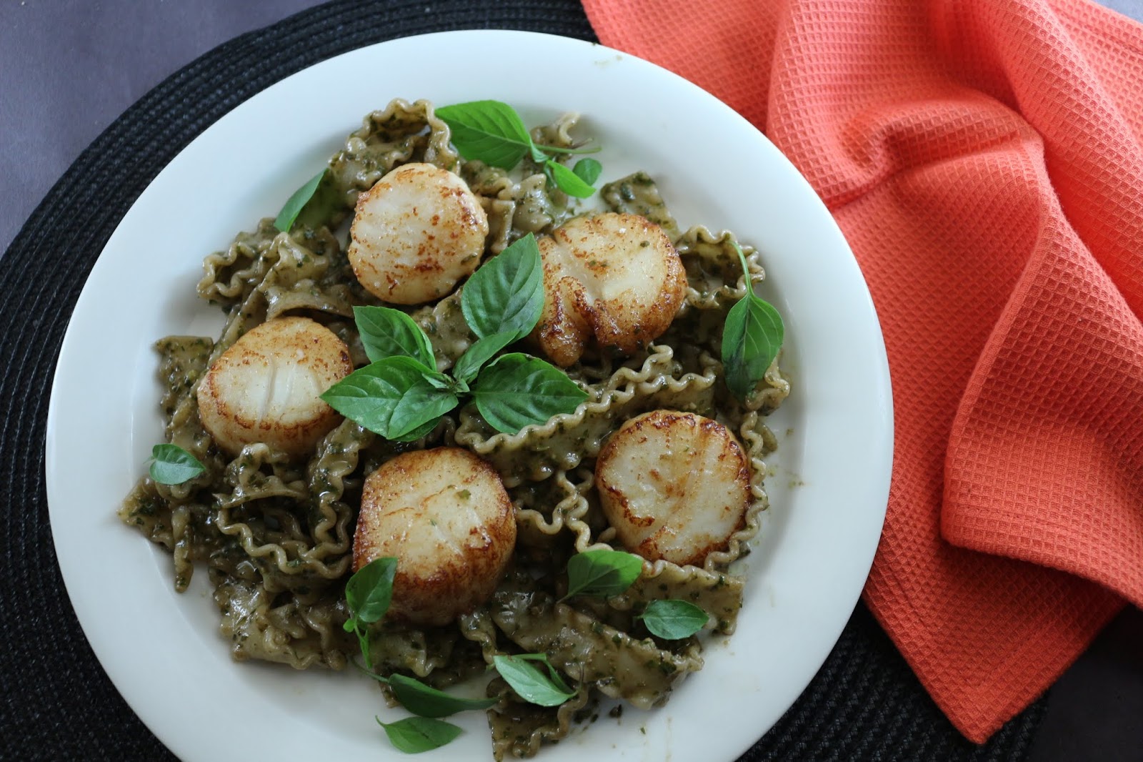 Pan Seared Scallops over Minted Walnut Pesto Pasta