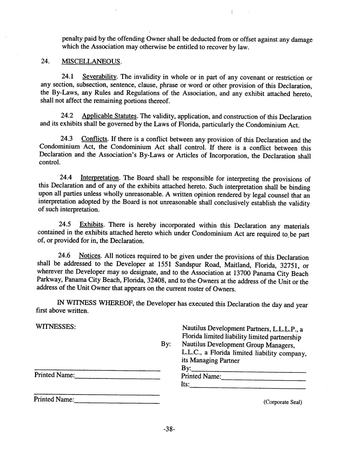 Condo Declaration Example Nautilus Cove Declaration of Condo
