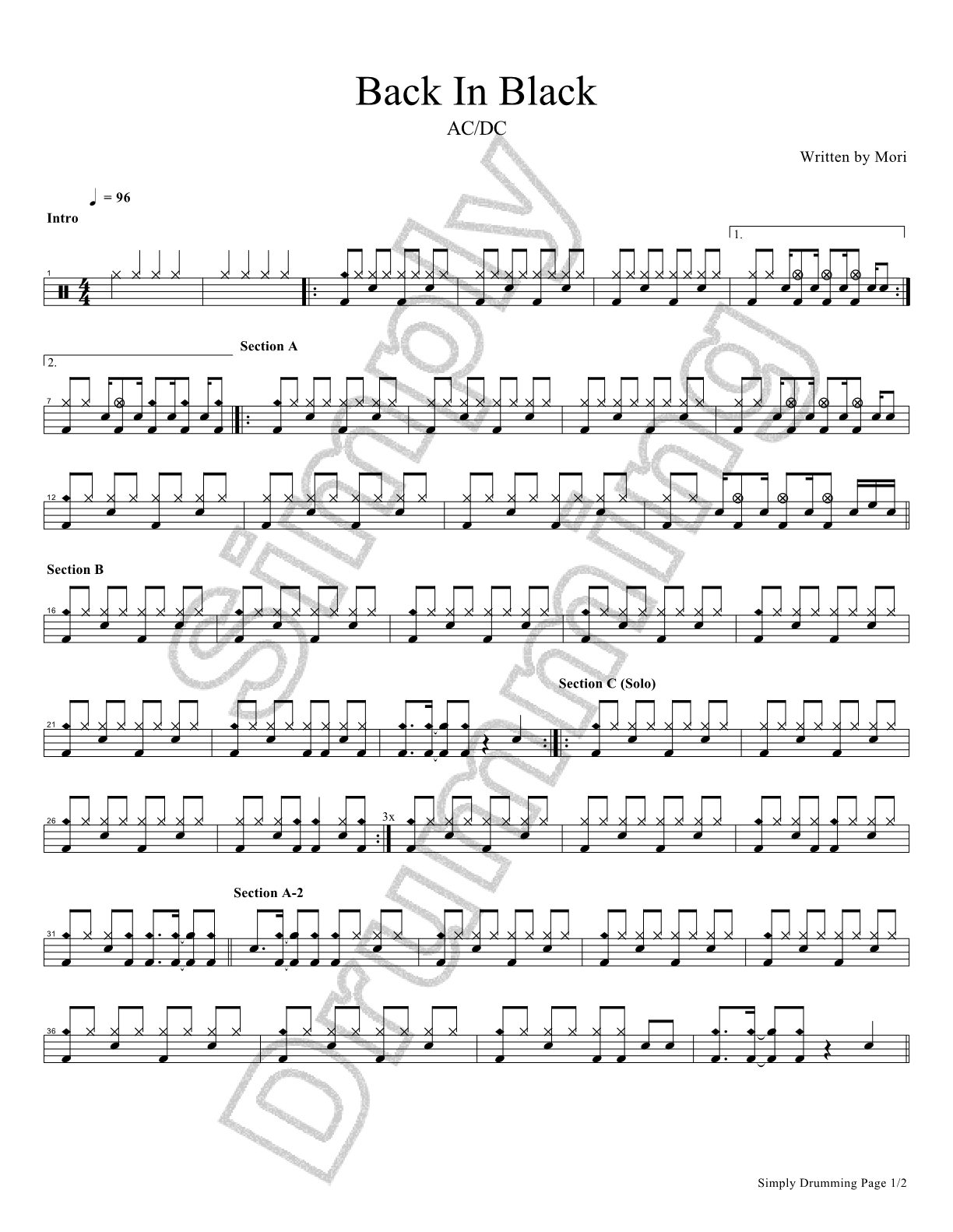 鼓手森 Simply Drumming AC/DC Back In Black drum sheet