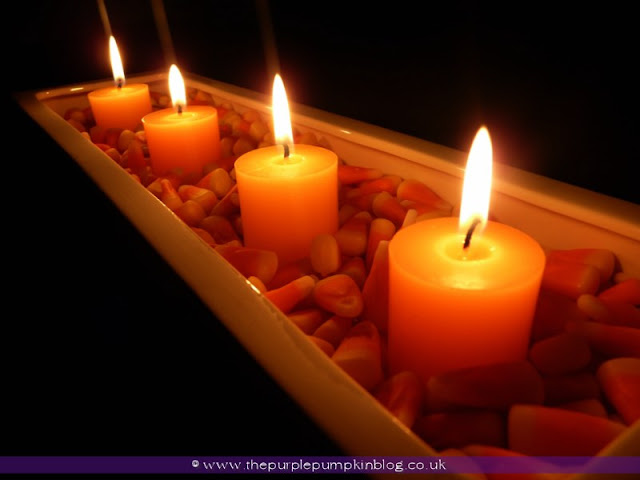 Candy Corn & Candle Display at The Purple Pumpkin Blog