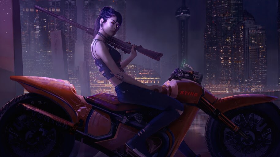 Cyberpunk, Girl, Motorcycle, Sci-Fi, 4K, #6.733