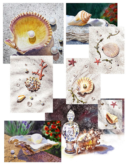 Watercolor paintings of shells pearls water by Irina Sztukowski artist watercolour