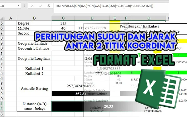 Perhitungan Sudut dan Jarak Antar 2 Titik Koordinat Format Excel XLS