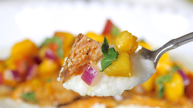 Chili Salmon With Peach Mango Salsa and Grits Chili Salmon With Peach Mango Salsa and Grits