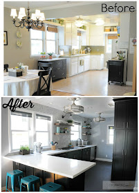 Before: updated 70s kitchen to After: Modern kitchen with black cabinets :: OrganizingMadeFun.com