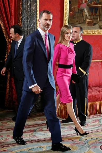  King Felipe VI of Spain and Queen Letizia of Spain receive President of Honduras Juan Orlando Hernandez Alvarado and wife Ana Rosalinda Garcia at the Royal Palace on 01.10.2014 in Madrid, Spain.