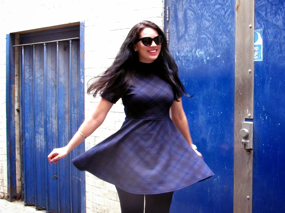 London fashion blogger Emma Louise Layla in navy blue New Look check dress - UK fashion blog