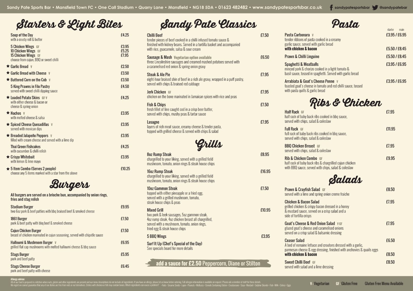 Menus Sandy Pate Sports Bar Good food, live football and live