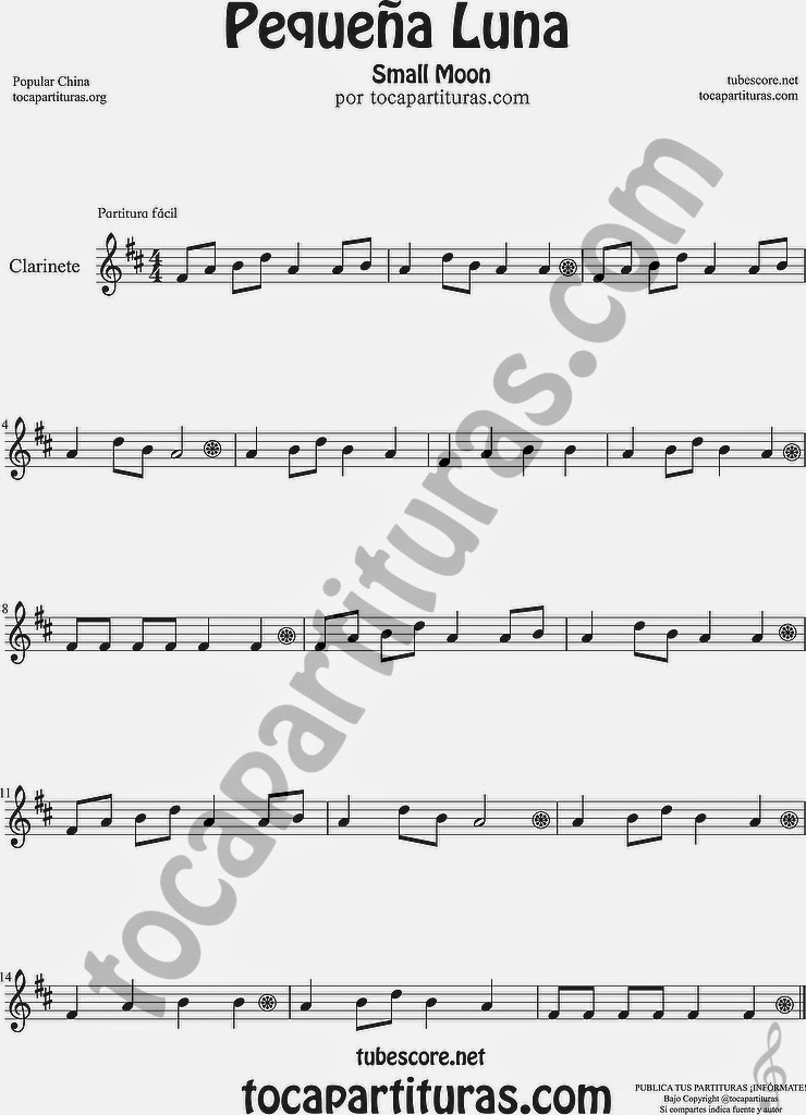 Pequeña Luna Partitura de Clarinete Sheet Music for Clarinet Music Score 方便兒童歌曲樂譜小月亮流行民歌在中國的單簧管 Popular China Small Moon