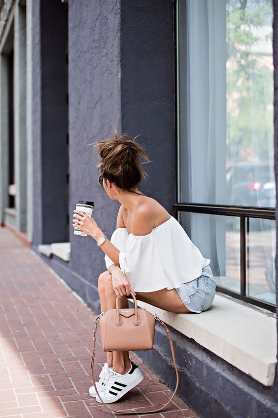 Hello Fashion - White Off Shoulder Top + Adidas Superstar Sneakers + Nude Givenchy Antigona Bag