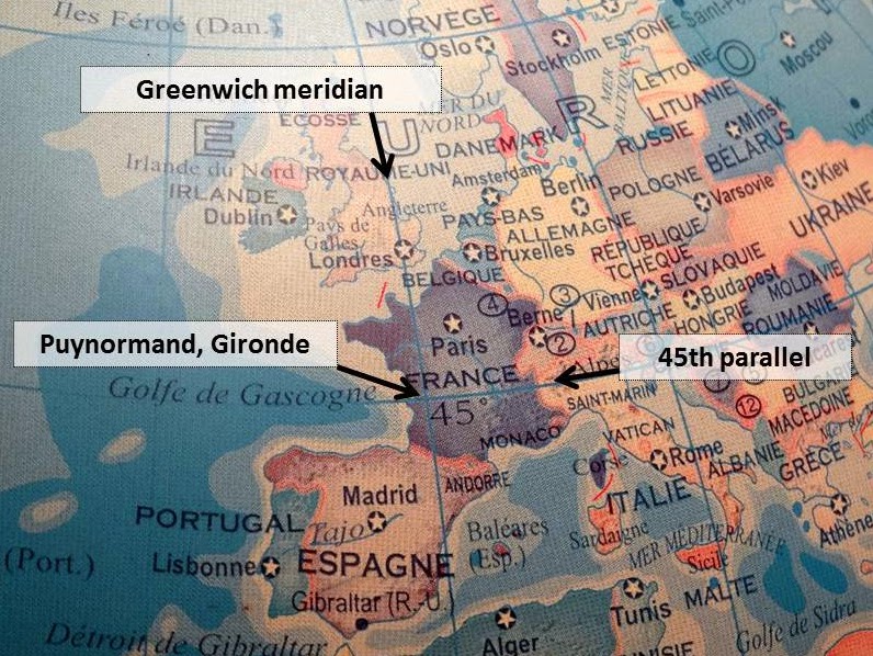 Puynormand&#39;s point 45°N 0°: where the Greenwich meridian and the 45th  parallel north intersect - Invisible Bordeaux