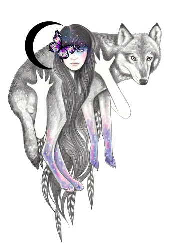 "Wolf Spirit" by Andrea Hrnjak | dibujos bonitos a lapiz | imagenes lindas | illustration art | mujer con lobos y mariposas y luna