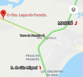 imagem do mapa. lagos do francês, mal deodoro. situado entre macio. marechal e barra de são miguel, mais precisamente as margens da AL-215, Marechal Deodoro - AL