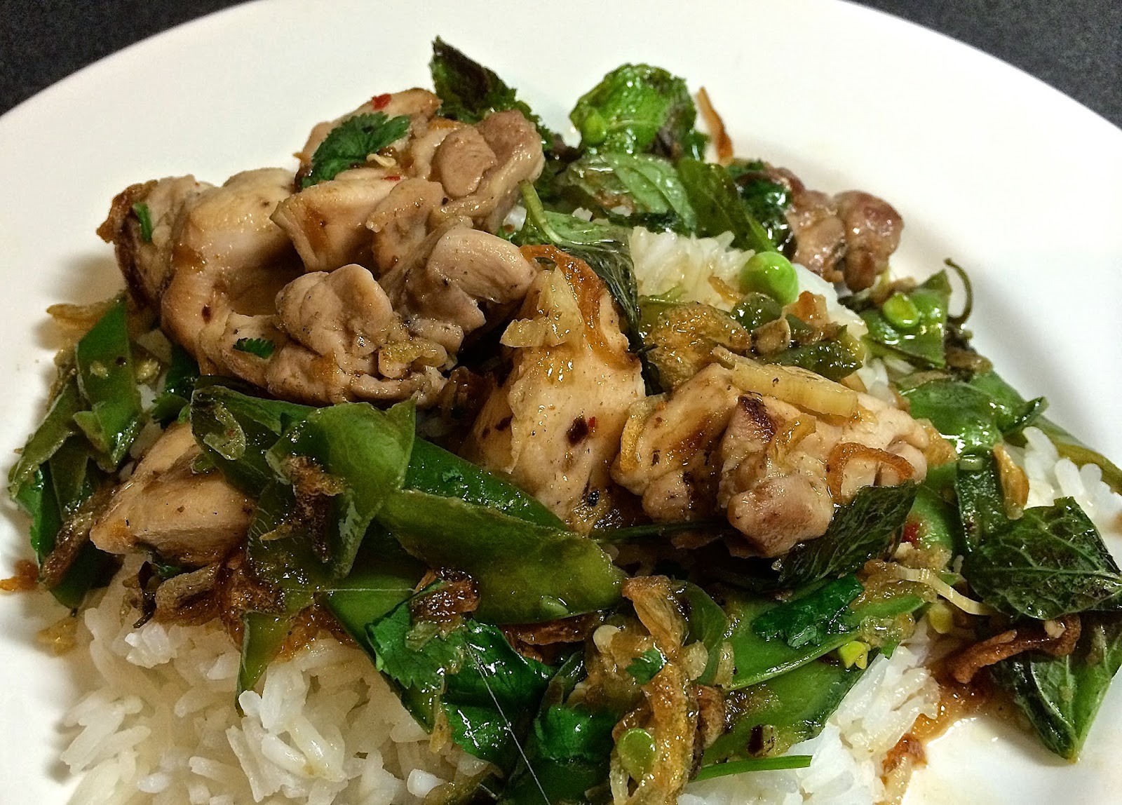 Behind The Burners STIR FRIED CHICKEN WITH SNOW PEAS AND MINT