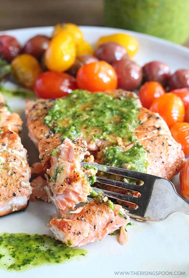 Salmon Fillets Pan-Seared in a Cast-Iron Skillet with Chimichurri Sauce