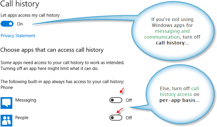 Settings for app-specific call history info access