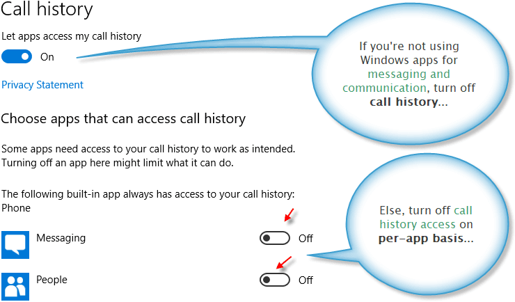 Settings for app-specific call history info access