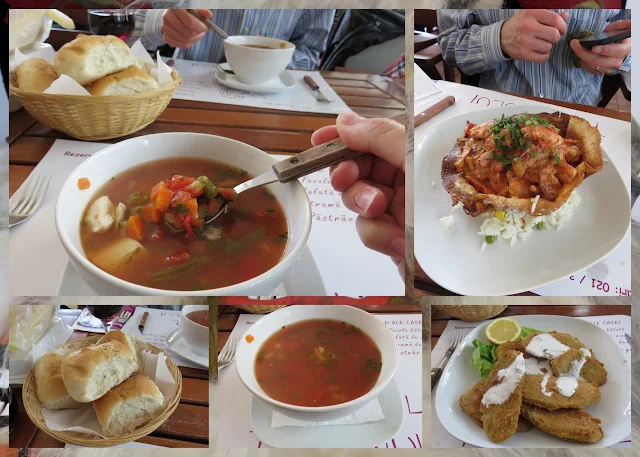 Hearty soup, fried zucchini, and chicken at the cafe in the Museum of the Romanian Peasant in Bucharest