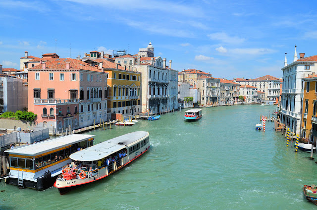 The vaporetto or water bus pulls alongside the Accademia Museum stop on the Grand Canal in Venice. Photo: D&S McSpadden.