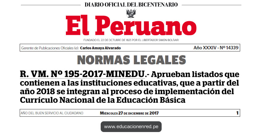 R. VM. Nº 195-2017-MINEDU - Aprueban listados que contienen a las instituciones educativas, que a partir del año 2018 se integran al proceso de implementación del Currículo Nacional de la Educación Básica - www.minedu.gob.pe R. VM. Nº 195-2017-MINEDU - Aprueban listados que contienen a las instituciones educativas, que a partir del año 2018 se integran al proceso de implementación del Currículo Nacional de la Educación Básica - www.minedu.gob.pe