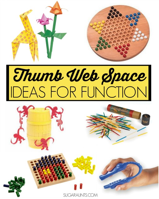 This fine motor activity works on open web space of the thumb and finger in the hand. An open web space is important for fine motor tasks like handwriting and tool use. Kids will love these ideas to work on an open web space, from an Occupational Therapist.