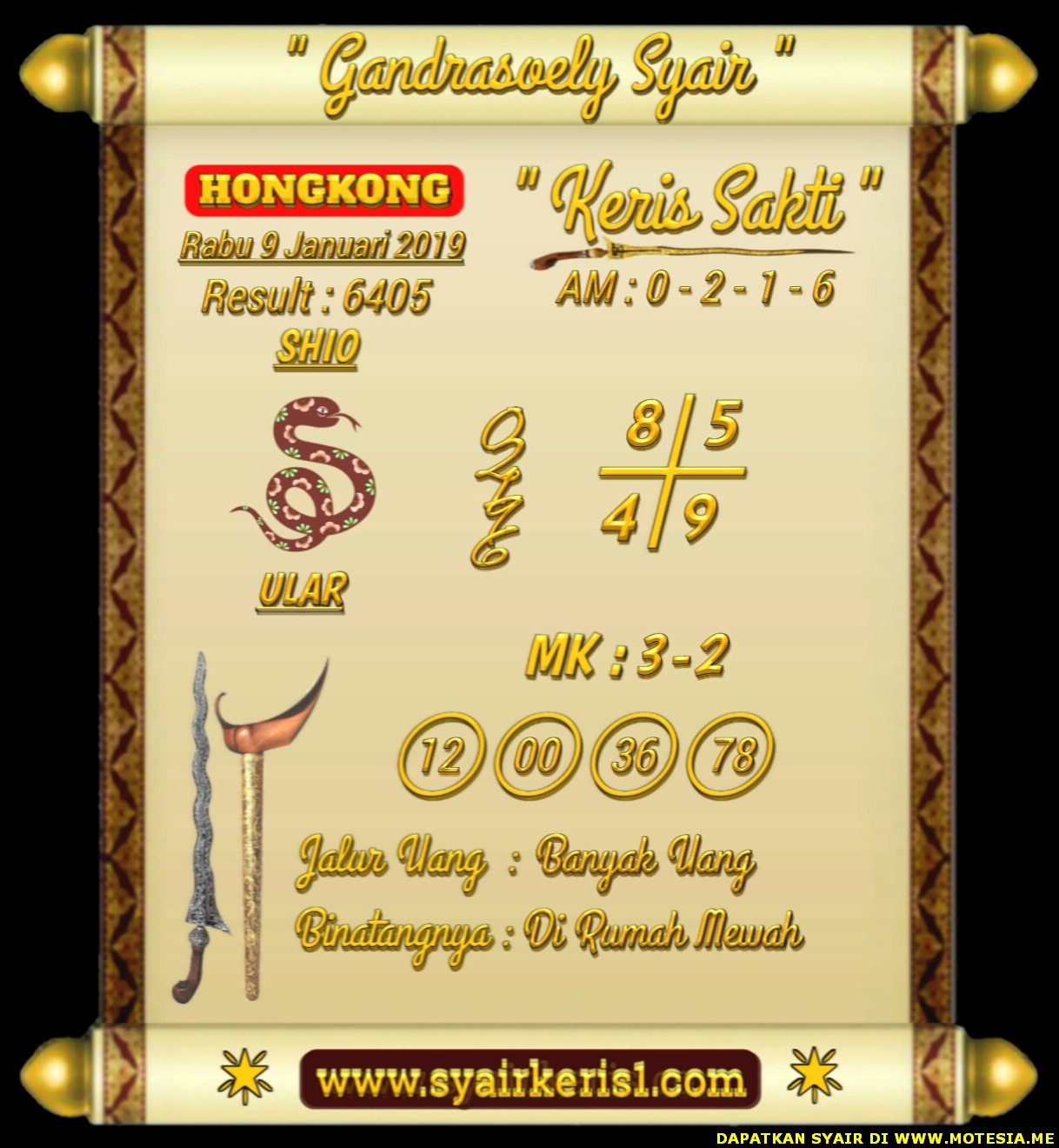 Syair HK Rabu 9 Januari 2019 GOsyair SEDIA KODE SYAIR