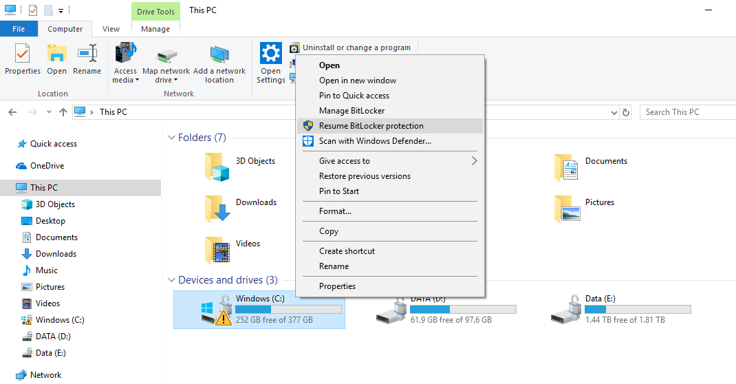 Yellow exclamation mark on C drive on Windows 10