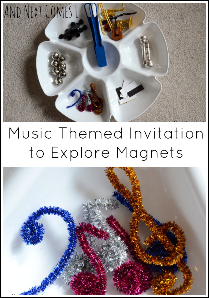 Simple toddler science: music themed invitation to explore magnets from And Next Comes L