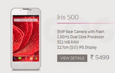 Lava Iris 500: 5 inch,1.2 GHz Dual core Android Phone Specs, Price 